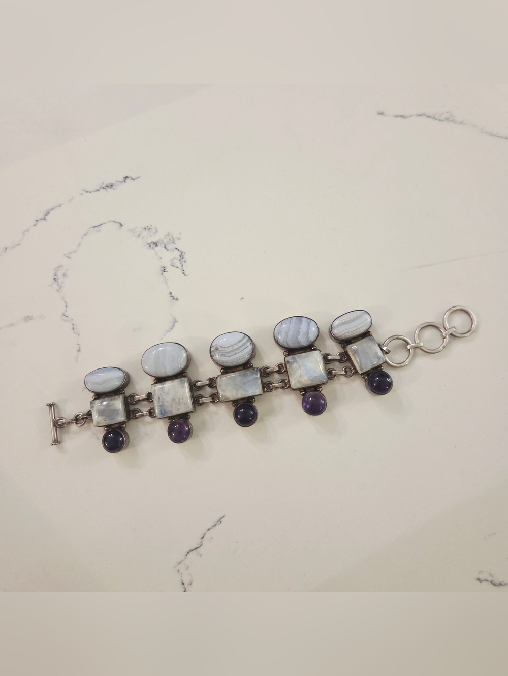 VTG Estate Sterling Silver Rainbow Moonstone Amethyst Blue Lace Agate Bracelet
